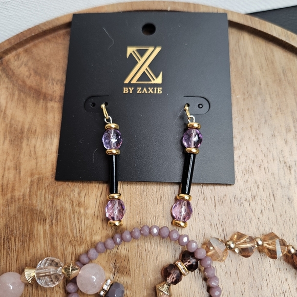 Jewelry Set 1 Pair Pierced Earrings 3 Stretch Bracelets Purple Beaded Gold Tone - Picture 4 of 7